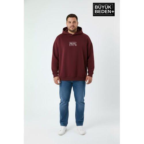 Erkek Büyük Beden California 1974 Baskılı Kapüşonlu Sweatshirt -Rahat Kalıp SPR26BSW965
