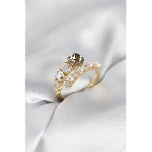 Gold Renk Pirinç Zirkon Taşlı İncili Kadın Yüzük