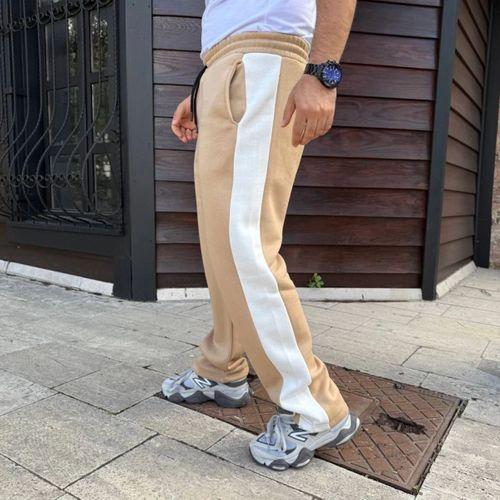 Erkek Üç İplik Kışlık Pamuklu Yandan Garneli Kalın Şeritli Cepli Eşofman Altı - Bej