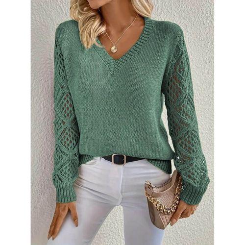 Kadın Uzun Kollu V Yaka Kol Delikli Baklava Desen Detaylı Triko Kazak