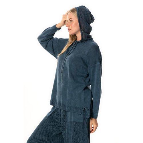 Uzun Kol Kapüşonlu Fileli Sonbahar ve Kışlık Triko Bluz İndigo indg