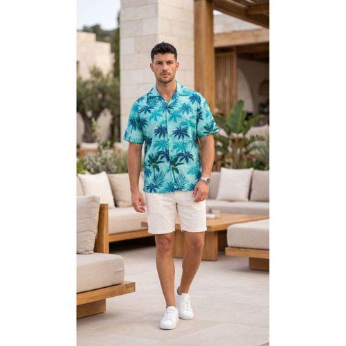 Erkek Palmiye Desenli Yarım Oversize Kısa Kollu Hawai Gömlek