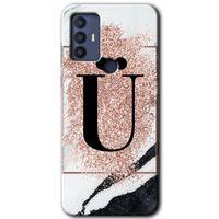 TCL 30 SE Kılıf HD Desen Baskılı Arka Kapak - Pembe Mermer Desenli Ü Harfi