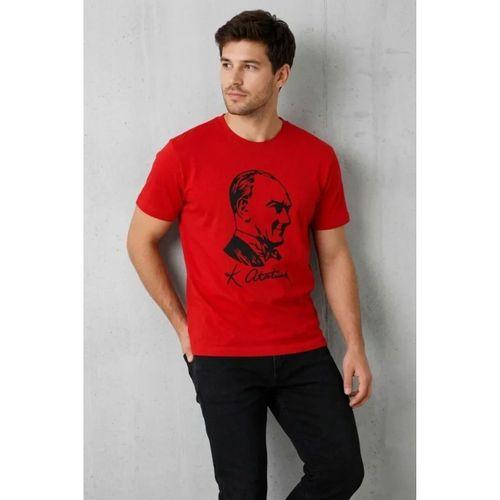 Erkek Atatürk Baskılı Tişört Kısa Kollu Bisiklet Yaka T-Shirt - Kırmızı