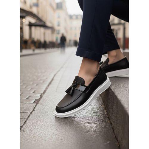 BA0005 Bağcıksız Yüksek Taban Klasik Püsküllü Corcik Erkek Ayakkabı Siyah Beyaz