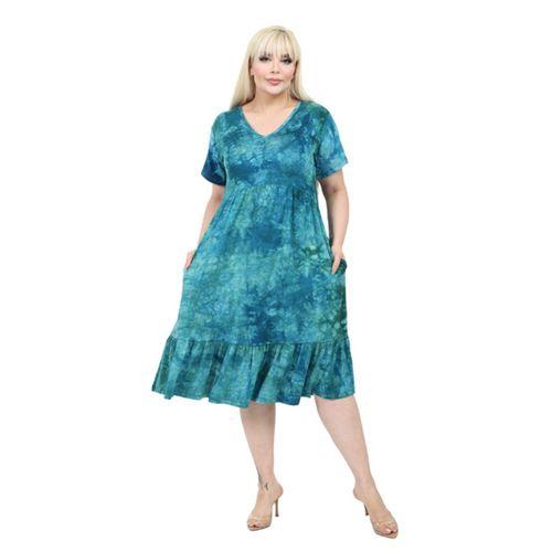 Melsay Butik Göğüsten Robalı V Yaka Kısa Kollu Turkuaz Batik Yıkama Cepli Elbise