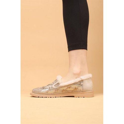 Selaro Bej Renkli Taşlı Desenli İçi Kürklü Kışlık Günlük Ayakkabı