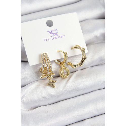 Pirinç Zİrkon Taşlı Sallantılı Yıldız Model Gold Renk 3'lü Kadın Küpe
