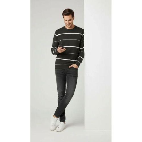 Erkek Bisiklet Yaka Cizgili Triko Kazak Yumuşak Dokulu Pamuklu Ince Dokuma, Uzun Kollu Rahat Regular Kalıp - Füme