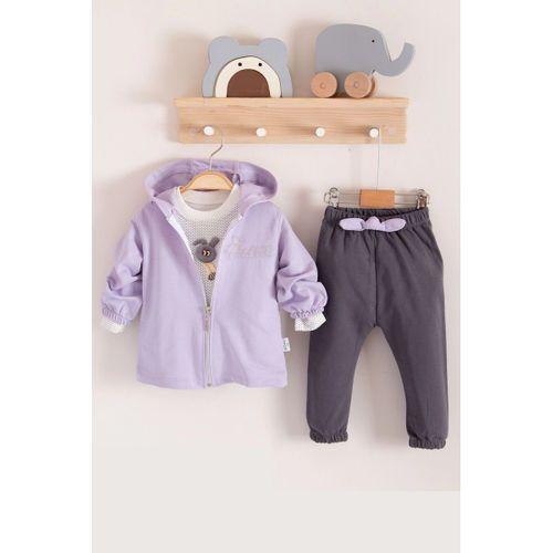 Prences Nakışlı Kapişonlu 3'lü % 100 Pamuk Kız Bebek Takımı