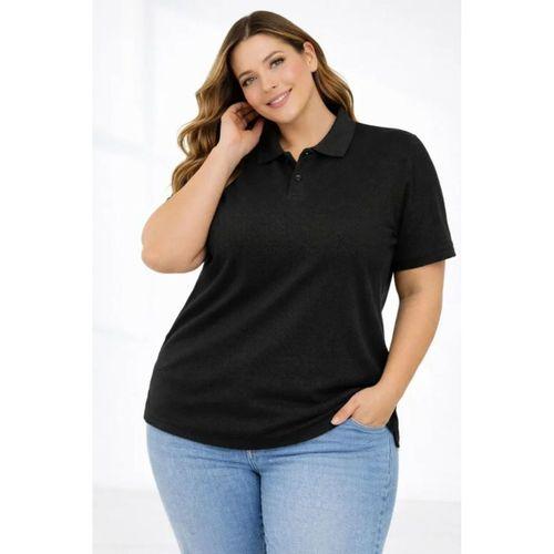 Pike Kumaş Düğmeli Yaka Battal Büyük Beden Günlük Kısa Kol Tişört T-shirt - Siyah