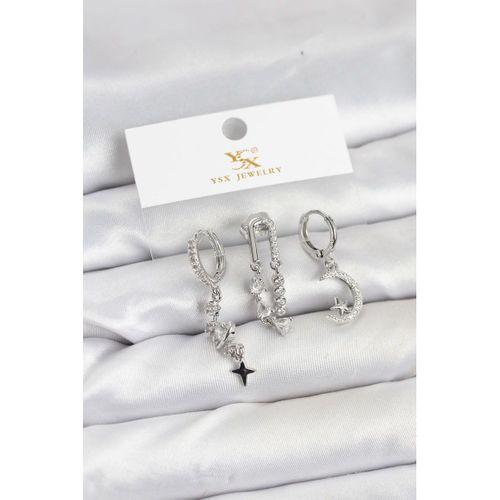 Pirinç Gümüş Renk Zirkon Taşlı Uzay Model YSX Trio Küpe Seti - TJ-BKP11569