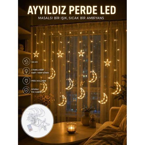 Yıldız Ve Ay Figürlü Prizli Perde Led Işık Romantik Ortam Aydınlatması Yeni Nesil