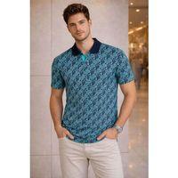 Erkek Pike Kumaş Polo Yaka Palmiye Desenli Tişört Kısa Kol Yazlık T-Shirt - Turkuaz