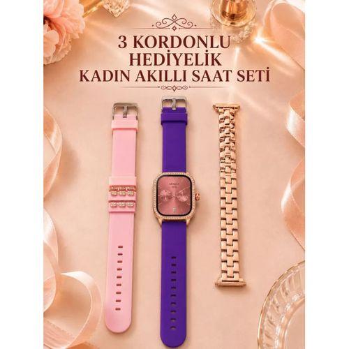 3 Kordonlu Rose Gold Kasalı Kadın Akıllı Saat Seti