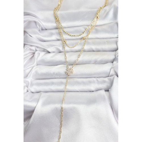 Pirinç Gold Renk Zirkon Taşlı Çiçek Model Detaylı 3'lü Kombin Y Kadın Kolye