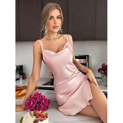 Kadın Saten Askılı Dantel Detaylı Gecelik - Pudra Pembe 2224