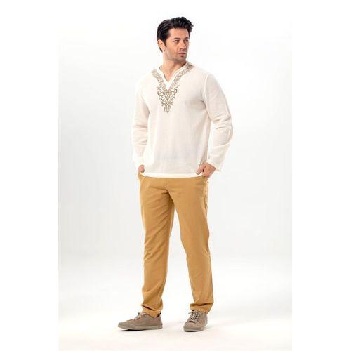 Uzun Kol Midas V Yaka Nakışlı Şile Bezi Erkek Tişört | Yazlık Erkek Tshirt Krem Krm