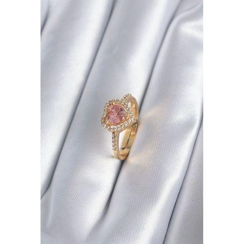 Pirinç Gold Renk Pembe Zirkon Taş Kalp Charm Model Kadın Yüzük - TJ-BYK2860