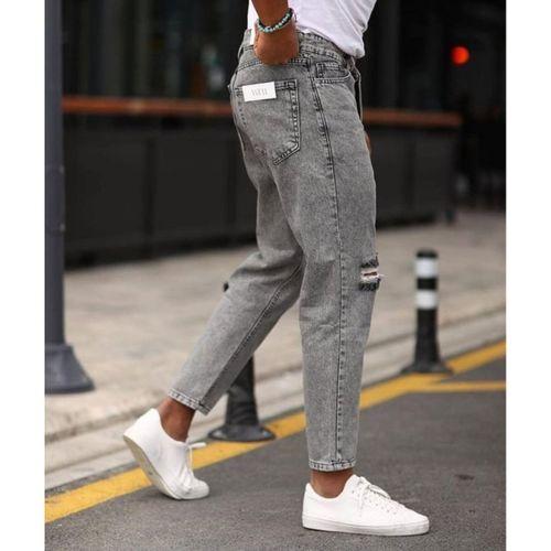 Erkek Gri Yıkama Yırtık Detaylı Boyfriend Jean