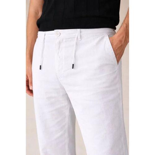 Erkek Keten Cepli Pantolon Lastikli Bel Bağcıklı Önden Fermuarlı - Beyaz