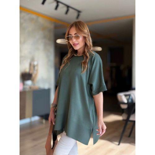 Kadın Bisiklet Yaka Kısa Yarasa Kollu Yanları Yırtmaçlı Oversize Dökümlü Merserize Bluz
