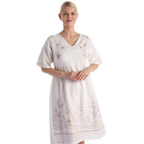 Kısa Kol Kırık Beyaz V Yaka Nakışlı Midi Boy Müslin Yazlık Elbise