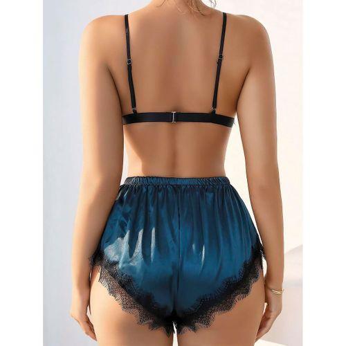 Lacivert Dantel İşlemeli Desteksiz Sütyenli Saten Şortlu Takım