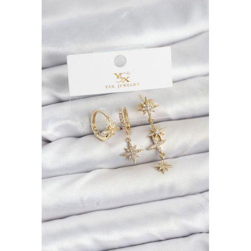 Pirinç Gold Renk Zirkon Taşlı Kutup Yıldızı Model YSX Trio Küpe Seti