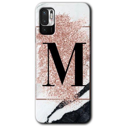 Redmi Note 10 5G Kılıf HD Desen Baskılı Arka Kapak - Pembe Mermer Desenli M Harfi + Kırılmaz Cam