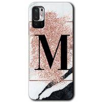 Redmi Note 10 5G Kılıf HD Desen Baskılı Arka Kapak - Pembe Mermer Desenli M Harfi + Kırılmaz Cam