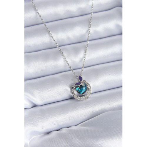 316L Çelik Gümüş Renk Zirkon Taşlı Hilal Gezegen Model Kadın Kolye