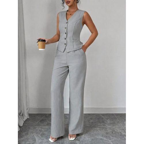 Kadın Askılı önden Düğmeli Bluz Ve Pantolon Keten Ikili Takım