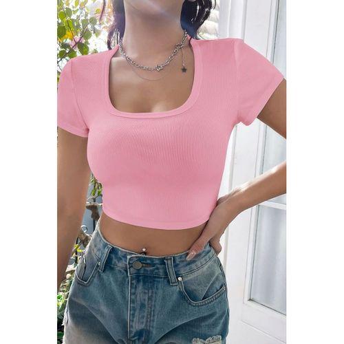 Kadın Pembe Şık Kesim Yarım Kol Crop Bluz