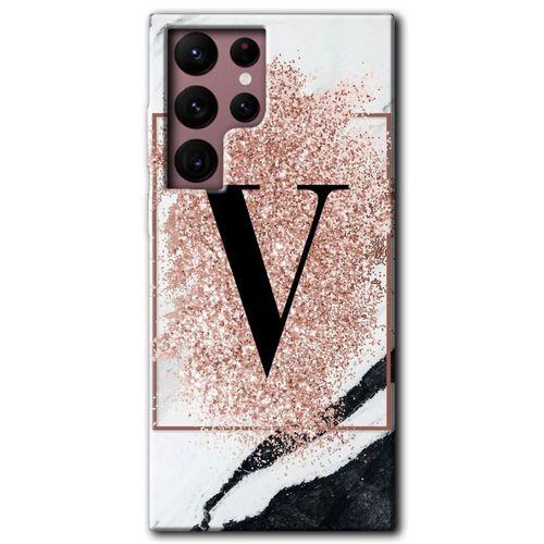 Galaxy S22 Ultra Kılıf HD Desen Baskılı Arka Kapak - Pembe Mermer Desenli V Harfi