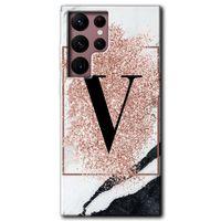 Galaxy S22 Ultra Kılıf HD Desen Baskılı Arka Kapak - Pembe Mermer Desenli V Harfi