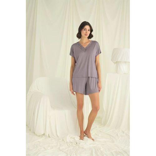 Kısa Kollu Dantelli V Yaka Şort Takımı