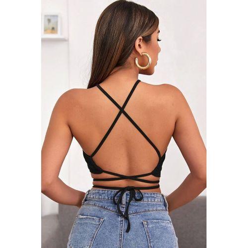 Kadın Siyah Modern Fit Sırtı Açık Boyundan Çapraz Bağlamalı Crop Top Bluz
