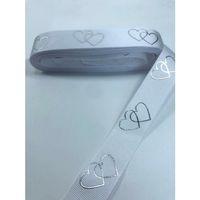 FdayAksesuar Saç Tokası Beyaz Varak Baskılı Kalp Desenli Grogren Kurdele 1 Metre En 2,5 Cm