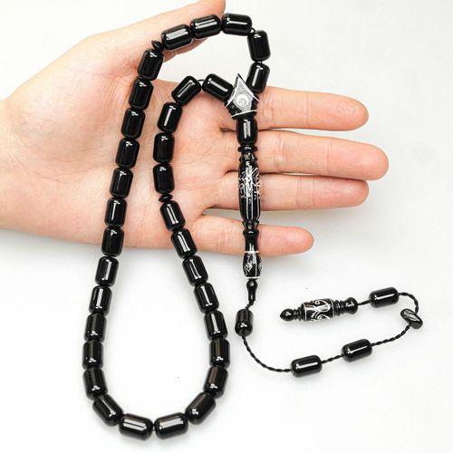 Oltu Taşı Kalın Çizgi İmame Nakkaş Gümüş İşleme Sade Tespih