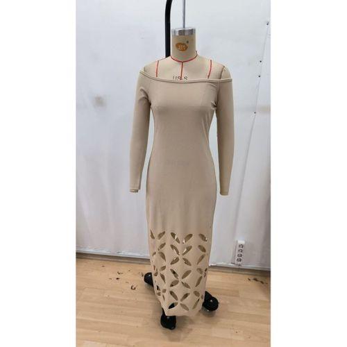 Kadın Madonna Yaka Uzun Kollu Lazer çiçek Kesim Detaylı Uzun Ithal Krep Elbise