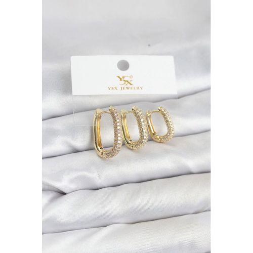 Pirinç Gold Renk Zirkon Taşlı Halka Model YSX Trio Küpe Seti