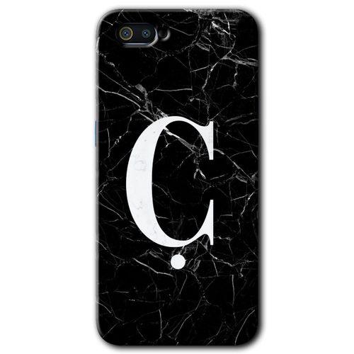 MRCİLETİSİM Realme C2 Kılıf HD Desen Baskılı Arka Kapak + Temperli Cam - Siyah Mermer Desenli Ç Harfi