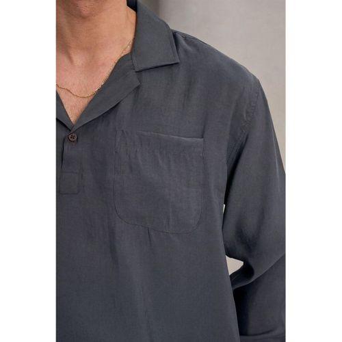 Sartre Apaş Yaka Tek Cepli İnce Modal Kumaş Oversize Uzun Kollu Yazlık Gömlek - Füme