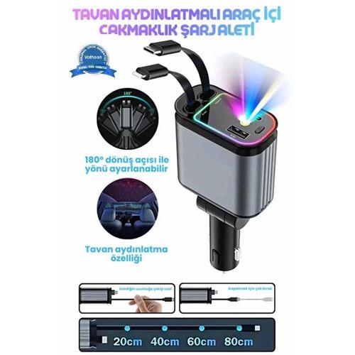 Led Işık Tavan Aydınlatmalı 66w 4’1 Çift Kablolu Hızlı Şarj 3.4a Araç İçi Çakmaklık Şarj Aleti