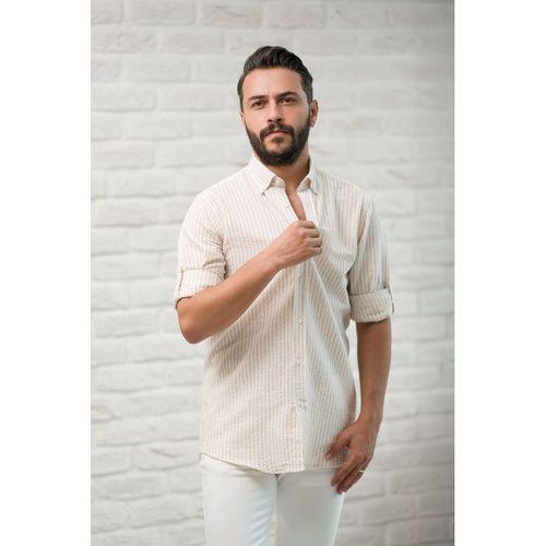 Slimfit Fit Yaka Düğmeli Çizgili Yazlık Gofre Kumaş Erkek Gömlek