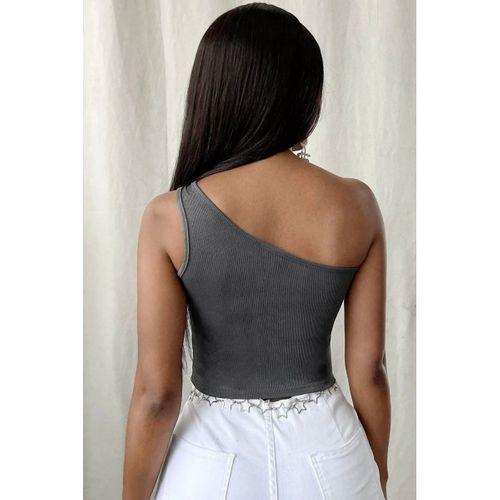 Kadın Koyu Gri Fit Görünümlü Tek Omuz Crop Top Büstiyer