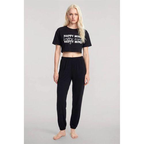 Kadın Siyah Baskılı Crop T-shirt Pantolon Takım Rahat Günlük Spor Şık İkili Set