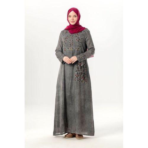 Uzun Kol Sultan Tek Cepli Yazlık Uzun Poplin Elbise Füme Fm