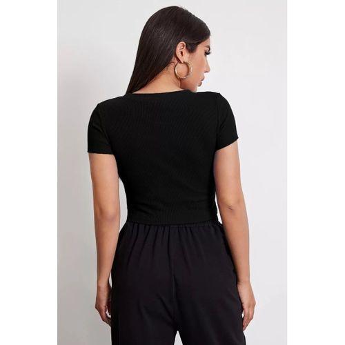 Kadın Siyah Yuvarlak Yaka Yarım Kol Crop Top Bluz